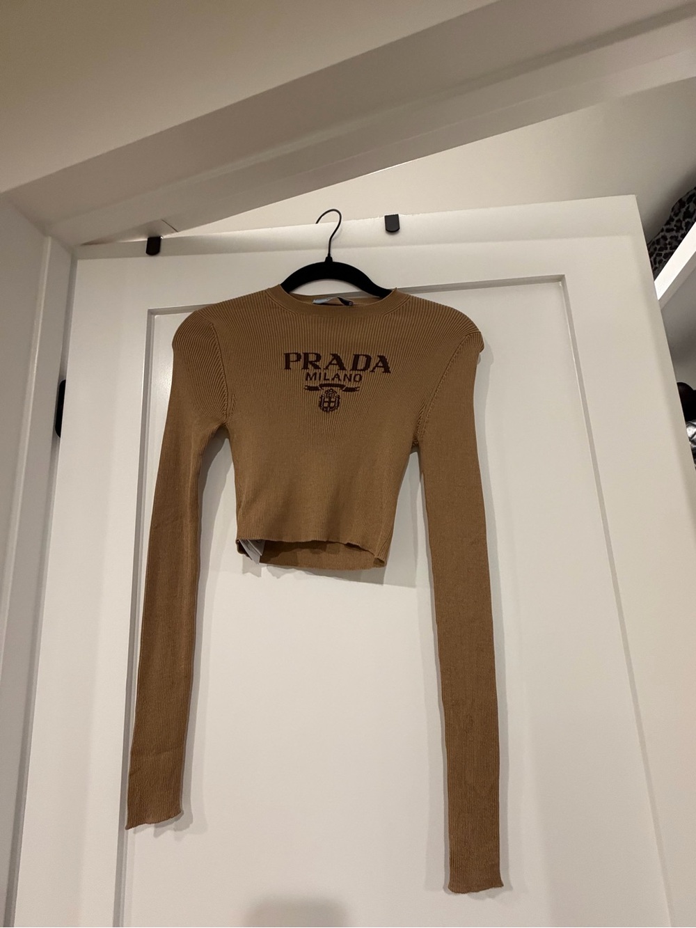 Prada Cropped Milano Long-Sleeve Knit Top in Camel Brown
